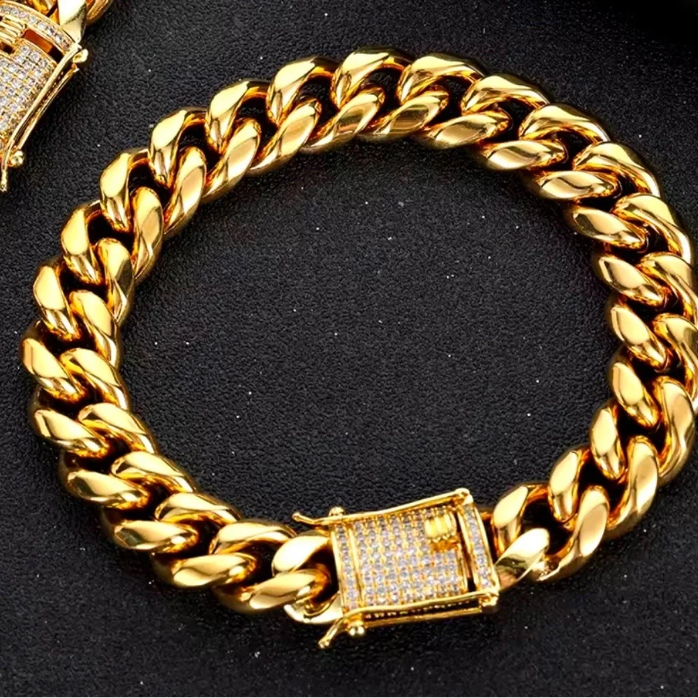 Hip Hop Cuban Chain Ice Clasp 18K Gold Plated Stainless Steel Chain Bracelet